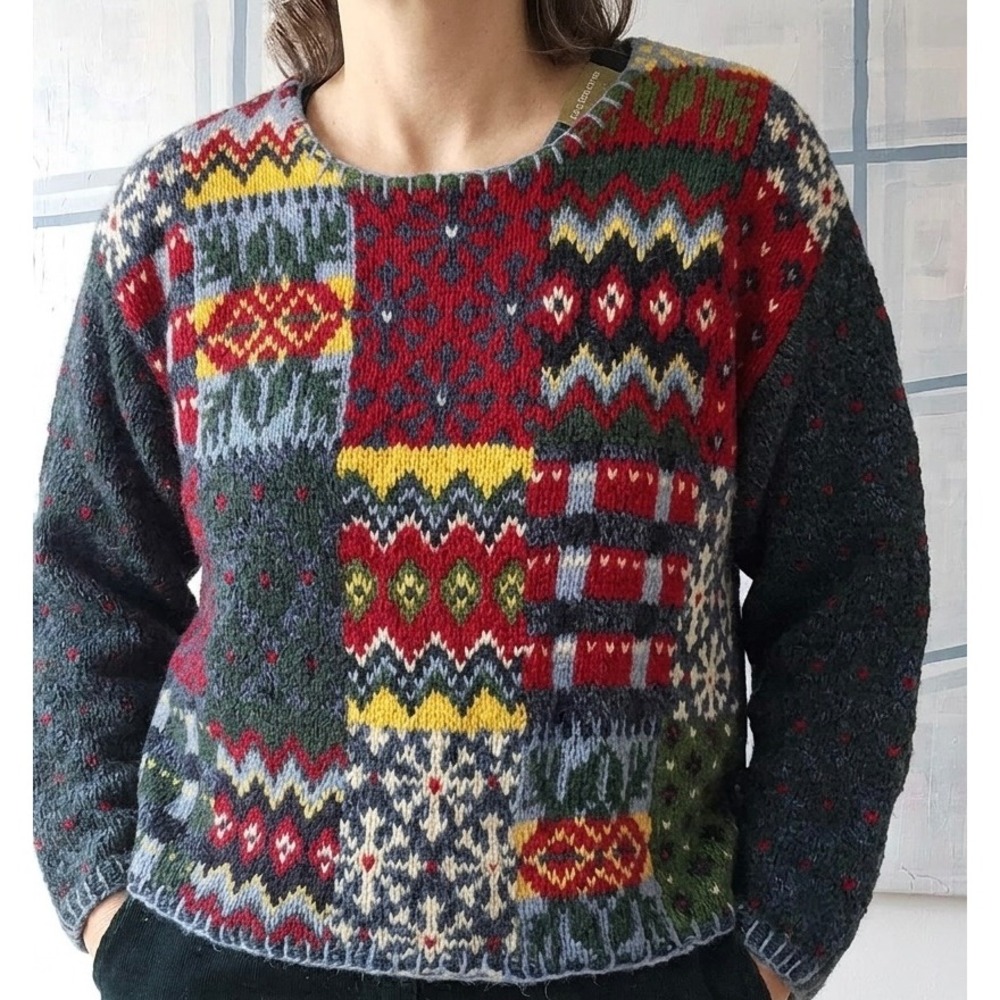 Handmade Wool Patchwork Fair Isle Hand Knit Sweater Petite Large Liz Claiborne